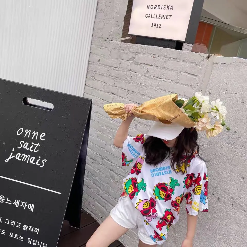 【90-140cm】韓国 オシャレ プリント カートゥーン 子供 服 女の子 半袖 ロング Ｔシャツ