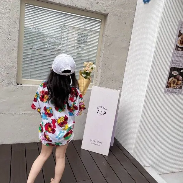 【90-140cm】韓国 オシャレ プリント カートゥーン 子供 服 女の子 半袖 ロング Ｔシャツ