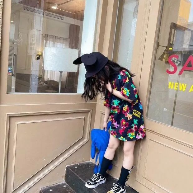 【90-140cm】韓国 オシャレ プリント カートゥーン 子供 服 女の子 半袖 ロング Ｔシャツ